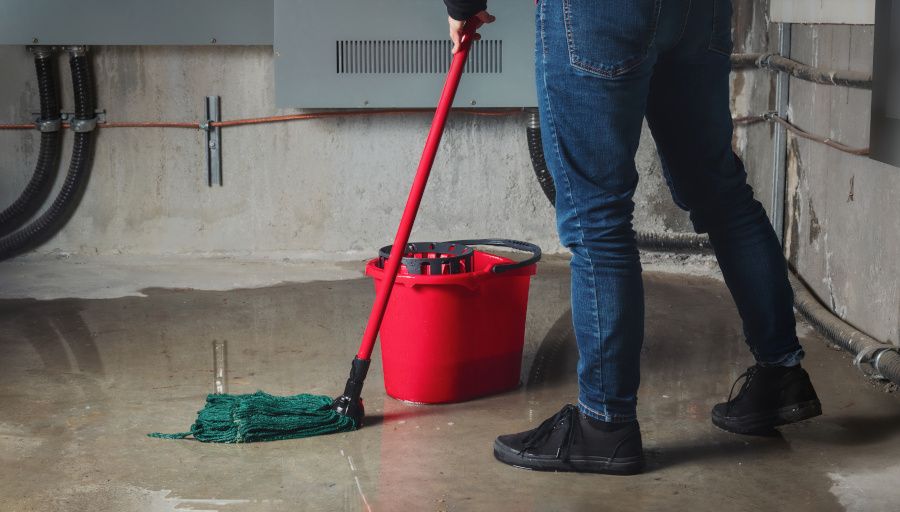 Woman mopping flood from water leaks in basement